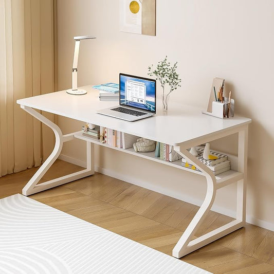 OSCHF 47.3-Inch Writing Desk with Storage Shelf, Warm White | Space-saving, Single-Person Workstation, Modern Study Gaming Computer Desk, Suitable for Home Office, Bedroom and Dorms by OSCHF