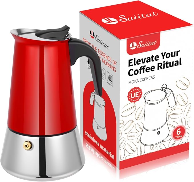 6 Cup Stainless Steel Moka Pot, 300ml Stovetop Espresso Maker, Red | 304 Stainless Steel Mocha Pot, Induction Compatible, Greca de Cafe, Cuban and Italian Coffee Maker by Suiitat