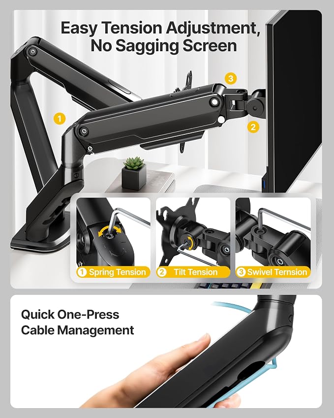 monTEK Dual Monitor Stand for Desk, 17-32 Inch Mechanical Spring Dual Arm, Heavy Duty Steel Adjustable Monitor Mount, Full Motion VESA 75x75/100x100, C-Clamp & Grommet, Holds Up to 20 lbs Each - Image 6