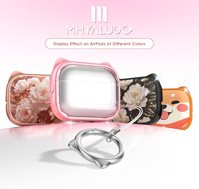for AirPods Pro 2 Case with Cleaning Kit, Cute Cat Ear Print Design & Cute Buckle for Girls, Phone Holder & Top Safe Lock Buckle Design for AirPods Pro 2nd/1st Gen case, Clear Flowers - Image 5