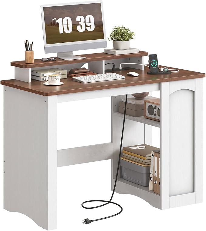 HOOBRO Farmhouse Computer Desk, Office Desk with Charging Station, Executive Desk with Monitor Stand & Adjustable Shelf, Small Desk for Small Space, Study, Living Room, White and Walnut WH85UDN01 - Image 9