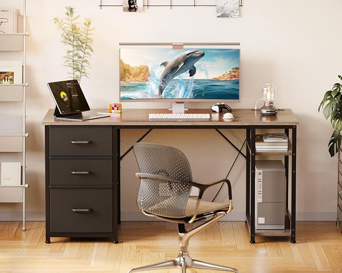 AODK 51 Inch Computer Desk with Drawers & USB Power Outlets | Reversible Home Office Desk with Storage Shelves, Work from Home, Modern Work/Writing/Study Table for Bedroom, Grey Oak - Image 2