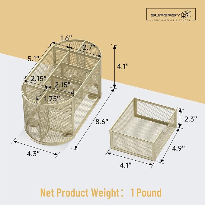 SUPEASY Mesh Desk Organizer, Desk Accessories & Workspace Organizers with Drawers, Pencil Holder for Desk with 9 Compartments for Office Suppliess, 8.6 x 4.3 x 4.1 Inch, Yellow | Pull-Out Drawer Stores Pens, Pencils, Clips, Notes, and Small Office or S... - Image 3