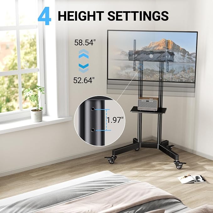 PERLESMITH Rolling TV Stand with Lockable Wheels for 32-86 Inch TVs Holds up to 132 Lbs, Height Adjustable Mobile TV Stand on Wheels with Laptop Shelf, Rolling Tv Cart Max VESA 600x400mm PSTVMC01 - Image 6