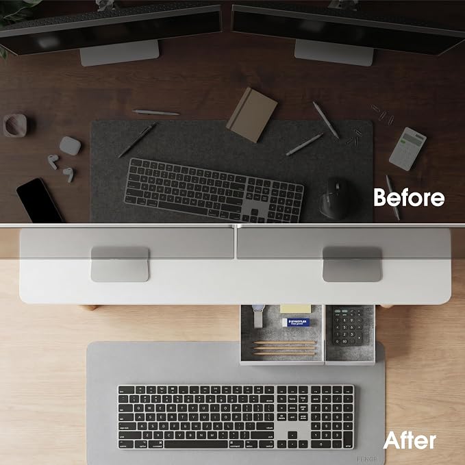 Fenge 42.5" Monitor Stand with Storage Drawers, Minimalist Monitor Riser with Solid Ash Legs and Cable Management, Wooden Desk Shelf for Home Office Workspaces, White - Image 6