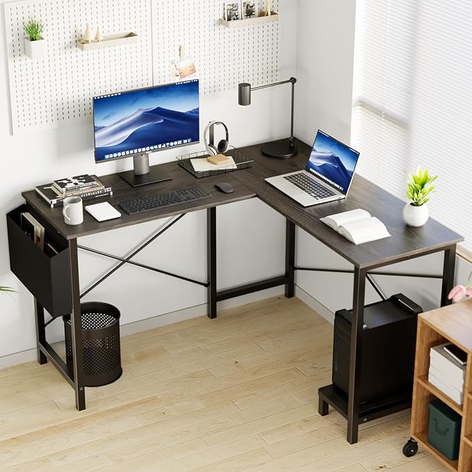 OLIXIS L Shaped Desk, Gaming Desk, Corner Table 50 Inch | Side Bag, Reversible Shelf, Home Work Study Writing, PC Workstation, Easy Assembly, Grey - Image 7