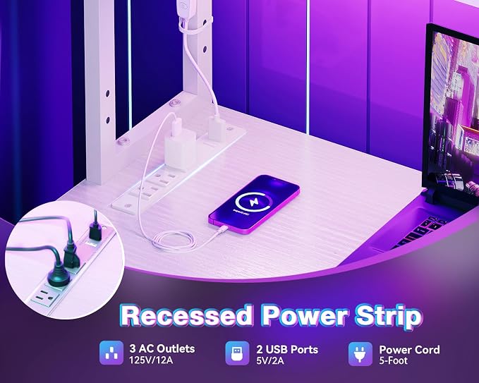 AODK L Shaped Desk Gaming Desk with LED Light & Power Outlet | 53 Inch White Reversible L Shaped Computer Table with Shelf, Corner Desk with Storage Bag&Hook for Home Office Desk - Image 5