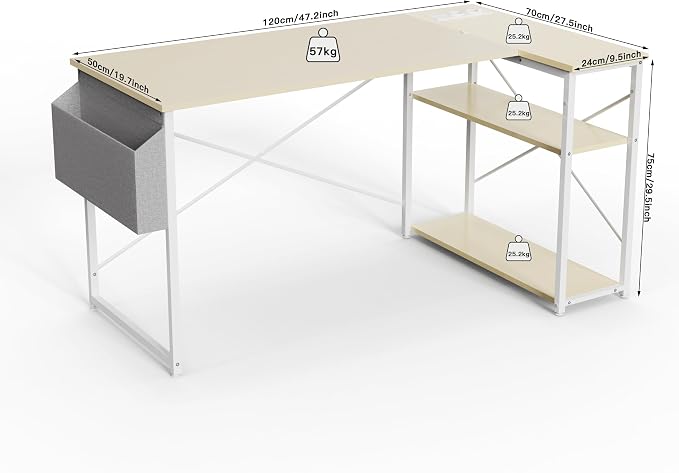 TIQLAB L-Shaped Computer Desk with Power Outlets - Reversible Shelves, 47 Inch Gaming & Study Desk in Beige - Image 3