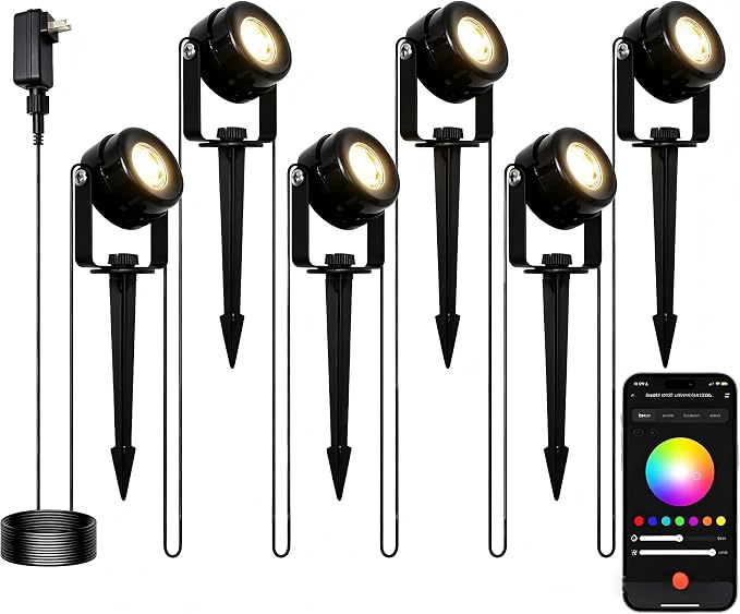 HISTAR Low Voltage Landscape Lighting with Bluetooth App Control & Remote, Outdoor Spot Lights for Fence Tree Pathway Lawn Decor, IP65 Waterproof All-in-One Permanent Outdoor Lights (6pack-RGBW) by HistarDirect