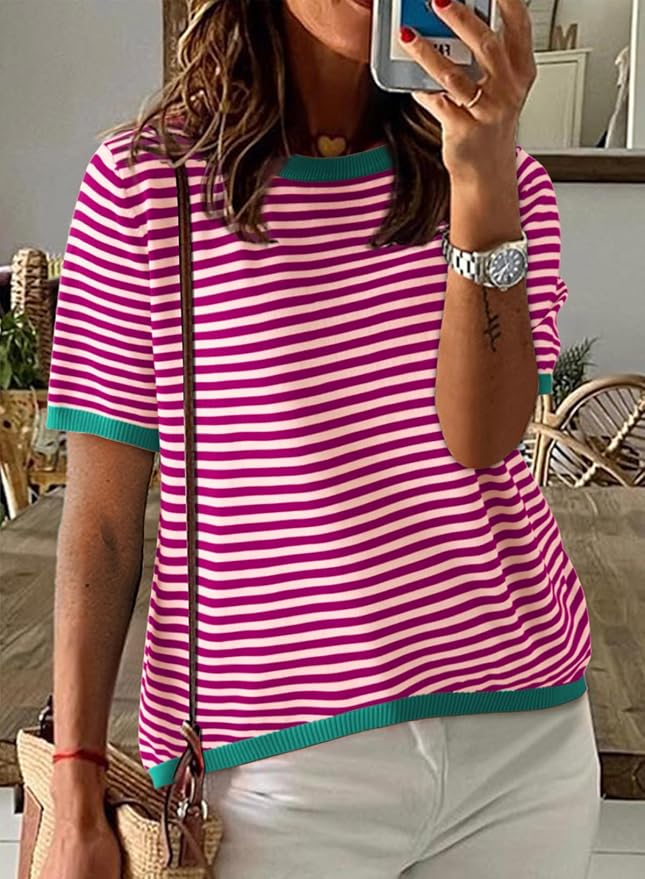 Dokotoo Womens Tops 2026 Casual Summer Crewneck Short Sleeve Striped Color Block Knit High Low Trendy Pullover Sweaters - Image 3