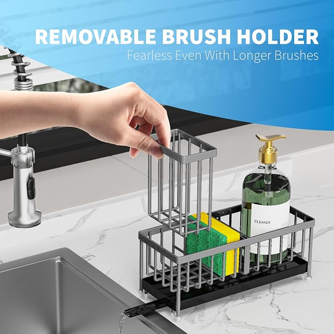 Cisily Sponge Holder for Kitchen Sink, Sink Caddy Organizer with High Brush Holder, Kitchen Countertop Organizers and Storage Essentials, Rustproof 304 Stainless Steel (Dark Grey, 9.25″) - Image 4