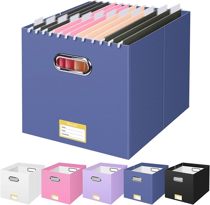 BALEINE File Organizer Box, Cardboard File Folder Organizer with Handle for Letter Size, Portable Collapsible Hanging Filing Box for Home Office Document Storage (1 Pack, Large Navy) by BALEINE