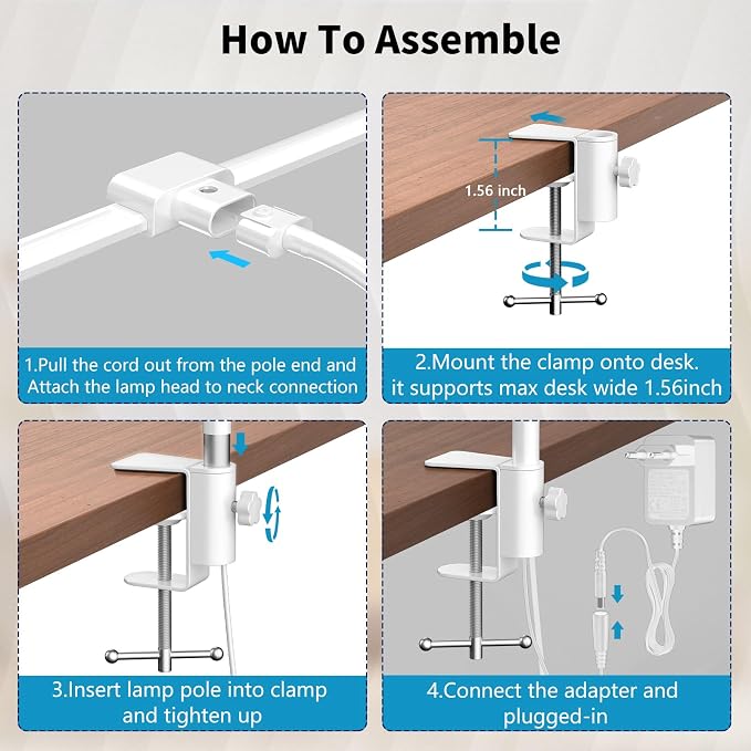KableRika Desk lamp,Double Head LED Desk Lamp with Clamp,Architect Desk Lights for Home Office,Eye-Caring Desktop Office Lamp 4-Brightness 4-Color Table Lamp for Monitor Workbench Reading White - Image 6