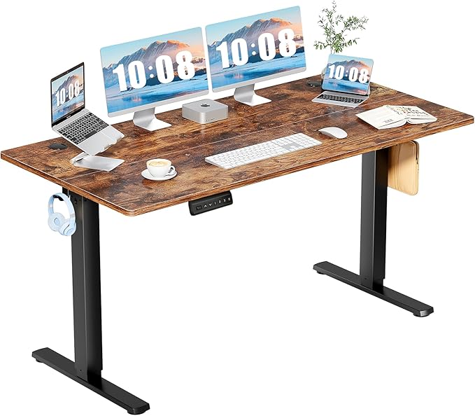 DUMOS 63 Inch Electric Standing Desk, Memory Adjustable Home Office Desk | Sit Stand Up Desk for Work Home Office,Adjustable Desk, Rising Computer Table with Splice Board,Cable Management,Hook,Brown by DumosLifestyle
