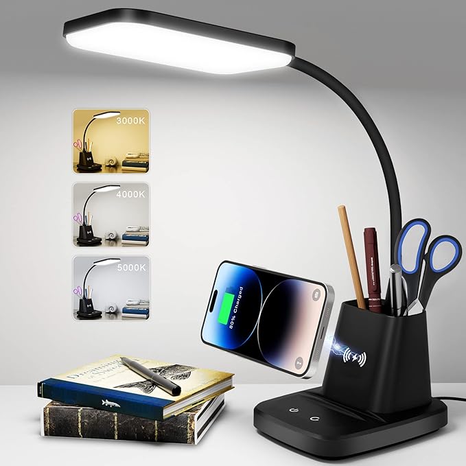 LED Desk Lamp with 10W Wireless Charging & Pen Holder, Black | CRI 95, 800LM, Stepless Dimming, 3 Modes, 360°Flexible Arm, Touch, Study Table Lamp for Home Office, Dorm Room, with Adapter by Sailstar
