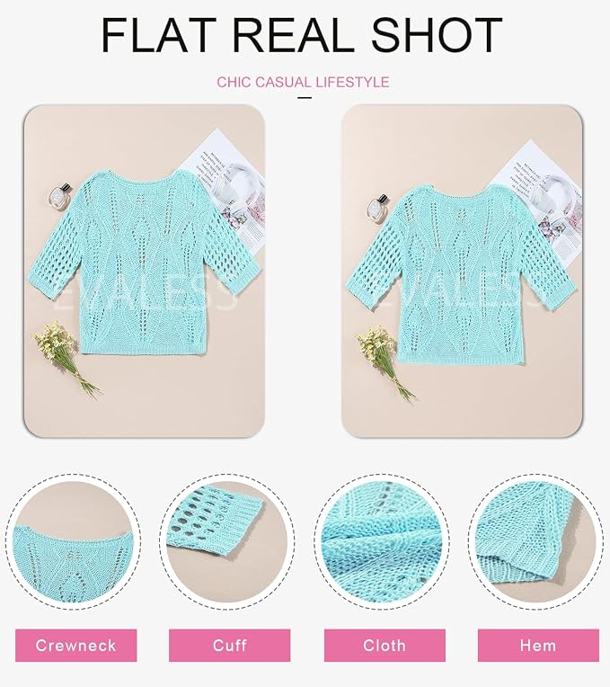 EVALESS Womens Crochet Hollow Out Knit Tops Half Sleeve Spring Summer Sweaters Beach Cover Ups for Women Trendy 2026 - Image 4
