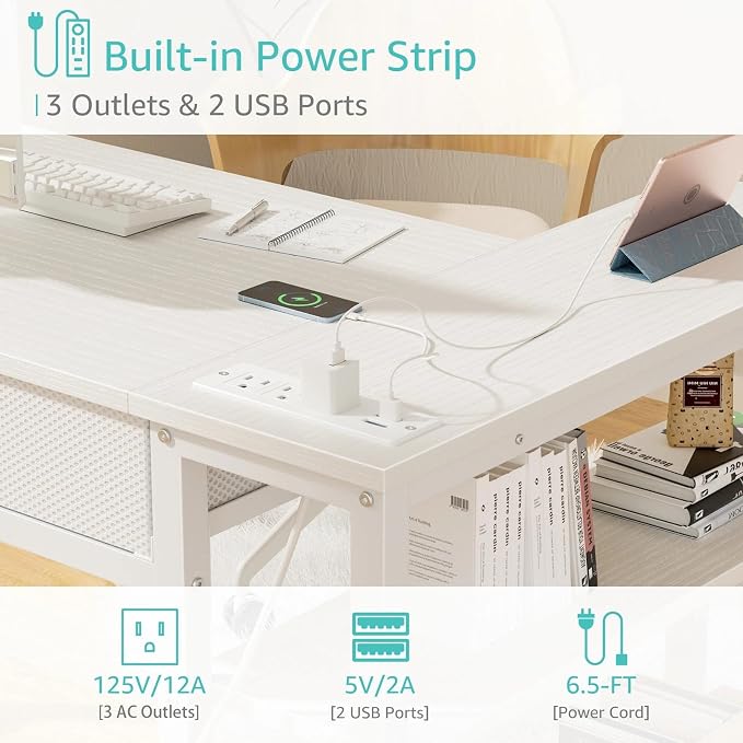 DLisiting Small White L Shaped Desk with Drawers & Storage Shelves, 40 Inch Corner Desk with Power Outlet for Small Space Home Office, Study Work PC Desks for Bedroom - Image 6