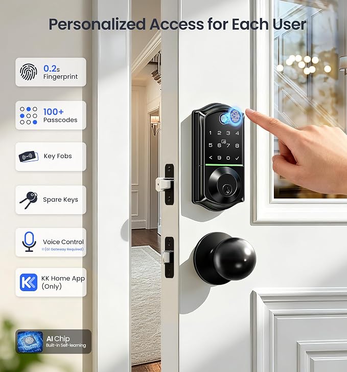 Veise VE017 Fingerprint Smart Door Lock, App Control, 8-in-1 Keyless Entry, Auto Lock, Emergency Power Port, Electronic Touchscreen Keypad, Biometric Smart Locks for Front Door, Matte Black - Image 3