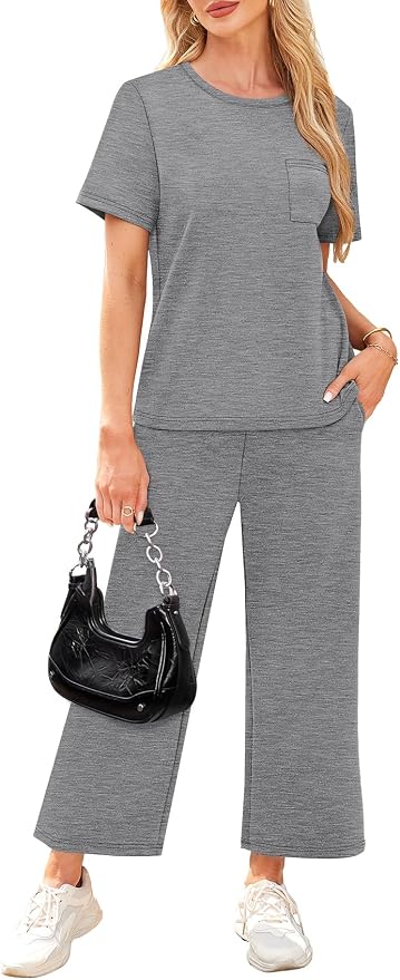 WIHOLL 2 Piece Sets for Women Casual Summer Travel Vacation Outfits Short Sleeve Wide Leg Crop Pants Lounge Sets - Image 4