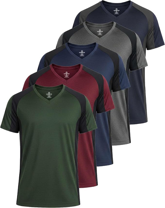 5 Pack Men's Dry Fit V Neck Gym Workout T Shirts Athletic Moisture Wicking | Cooling, Quick Dry, Breathable, Short Sleeve, Exercise, Cycling, Sports, Outdoor, Fitness, Golf, Crossfit, Hiking, Tennis by RealEssentials