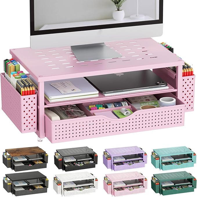 gianotter Desk Organizers and Accessories, Monitor Stand with Drawer and 2 Pen Holder, Desktop Organizer Suitable for Offices and Dormitories (Pink) by gianotter