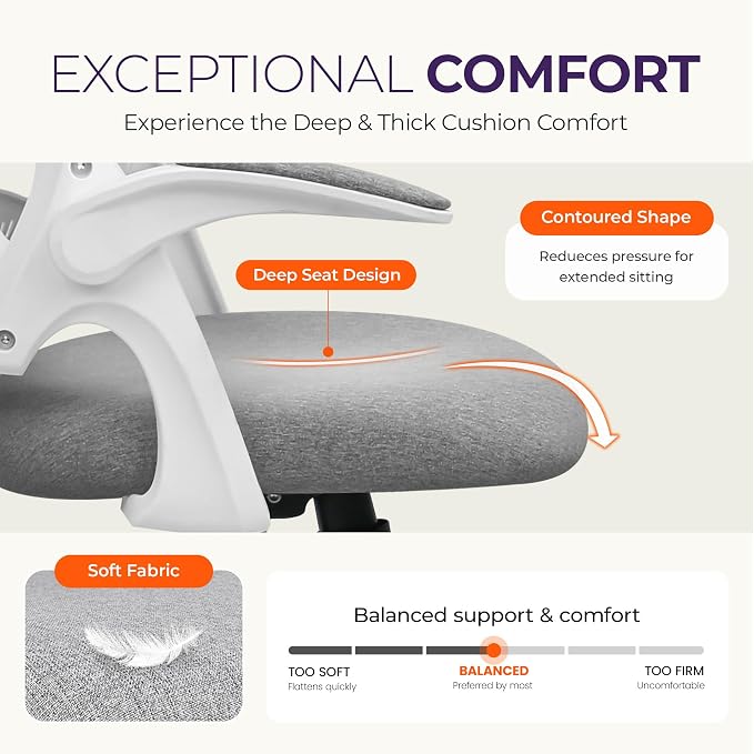 NEO CHAIR Office Desk Chair, Ergonomic Mesh with Flip-Up Armrests, Grey | Lumbar Support, Height Adjustment, 360° Swivel and Rolling Base, Space-Saving Design for Home Office, Vanity or Study - Image 4