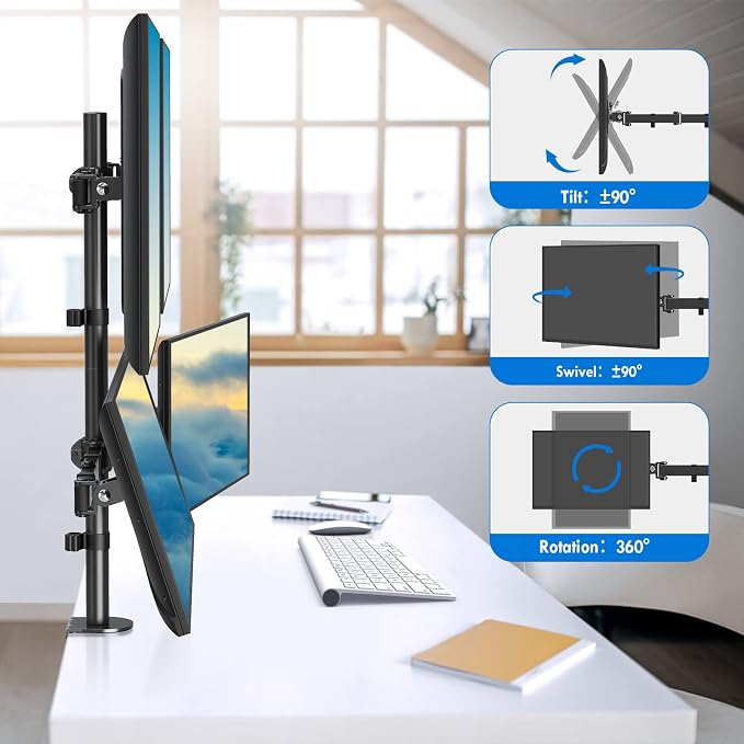 MOUNTUP Quad Monitor Stand, 4 Monitors Desk Mount for 17 to 32 inch Computer Screens, Fully Adjustable Stacked Mount with Tilt Swivel, 4 Heavy Duty Monitor Mount, Holds up to 17.6lbs per Arm - Image 3