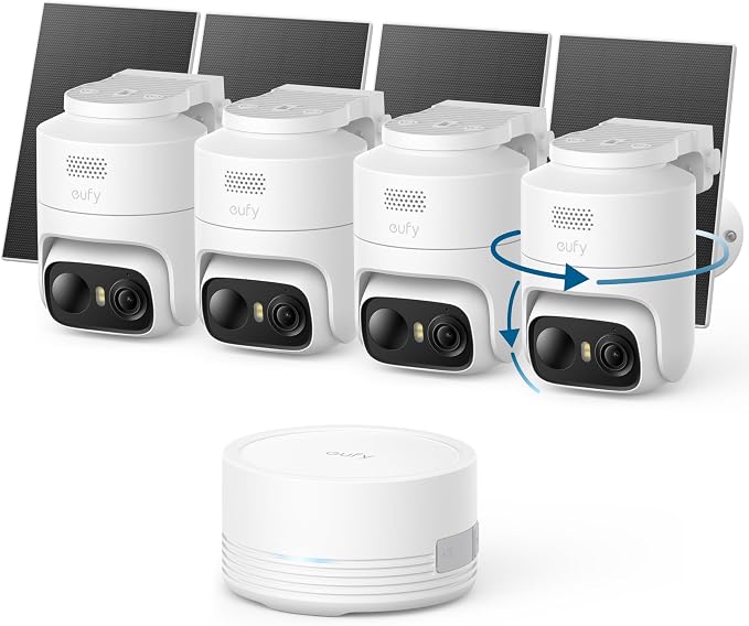 eufy Security eufyCam C37 4-Cam Kit, 360° Pan&Tilt Auto tracking, Security Cameras Wireless Outdoor, 2K Solar Powered, Human/Vehicle/Pet/Face AI Detection, No Subscription, Built-in 64GB Local Storage by Unknown
