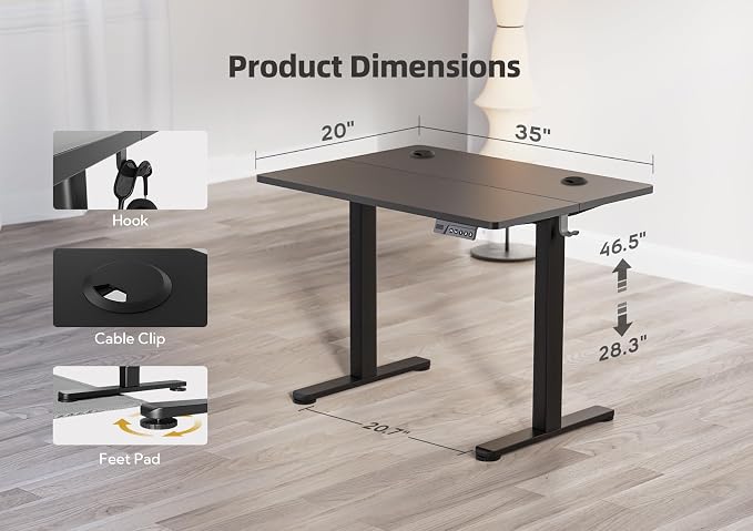 YDN 35 x 20 Inch Black Electric Standing Desk | Adjustable Height, Sit Stand, Cable Management, Ergonomic, Home Office - Image 3