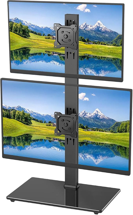 Vertical Dual Monitor Stand for 13-32 Inch Monitors, No Clamp, Freestanding | Supports 44 lbs/Arm | Tempered Glass Base | ±25° Swivel | -5° to +10° Tilt | 8 Height Options | VESA 75×75/100×100 mm by Afaloona
