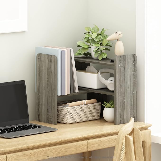 Furinno CLASSIC Desk Organizers and Hutch, Open Shelf Expandable Office Organization, Adjustable Desk Top Display Book Shelf, for Paper, Office Supplies, French Oak - Image 2