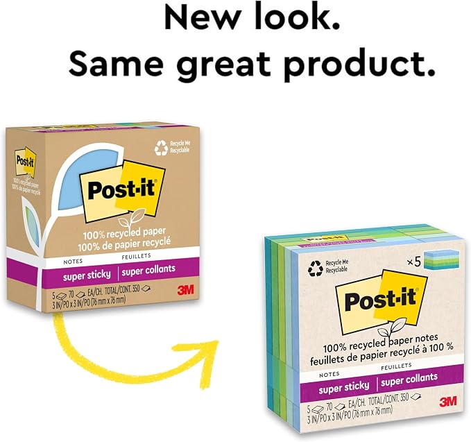 Post-it 100% Recycled Super Sticky Notes, 3 x 3 in, Pastels, 12 Pads | School Supplies and Office Products, 2X the Sticking Power - Image 8