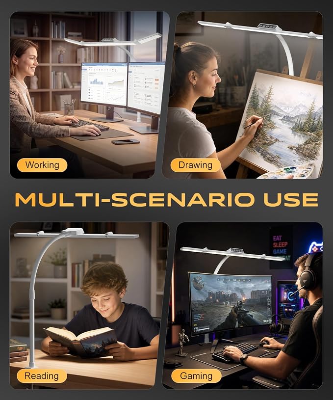 LED Desk Lamps for Home Office, Desk Light with Remote & Touch Control, Stepless Dimming,5CCT,Motion Sensor Auto On/Off, Eye-Caring Desk Lamp with Clamp for Study, Reading,Dual Monitors,White - Image 7