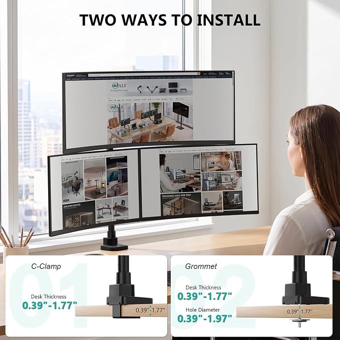 WALI Triple Monitor Mount for up to 49 inch Ultrawides on Top Bracket and 34 inch Screens on Side Brackets, Tall Triple Monitor Stand for Desk, Heavy Duty Monitor Arm up to 33 lbs (GSDM003XLN), Black - Image 4