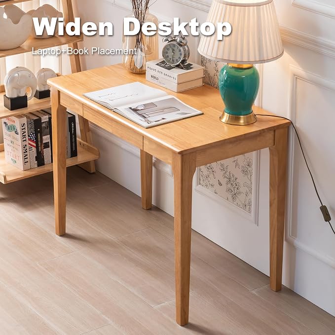 Solid Wood Desk with Drawer, Small Computer Desk for Small Spaces, Gaming Study Home Office Desks for Work, Student PC Desk for Bedroom, Escritorios para Cuartos (Wood Color, 39.4 inch) - Image 4