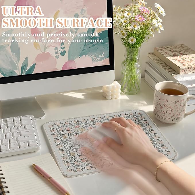 iCasso Aesthetic Small Mouse Pad, 9.5x7.9in,Home Office,Gray Floral | Mini Portable Travel Mousepad, Anti-Slip and Comfortable Cloth Mouse Mat with Stitched Edges for Computer, Home - Image 3