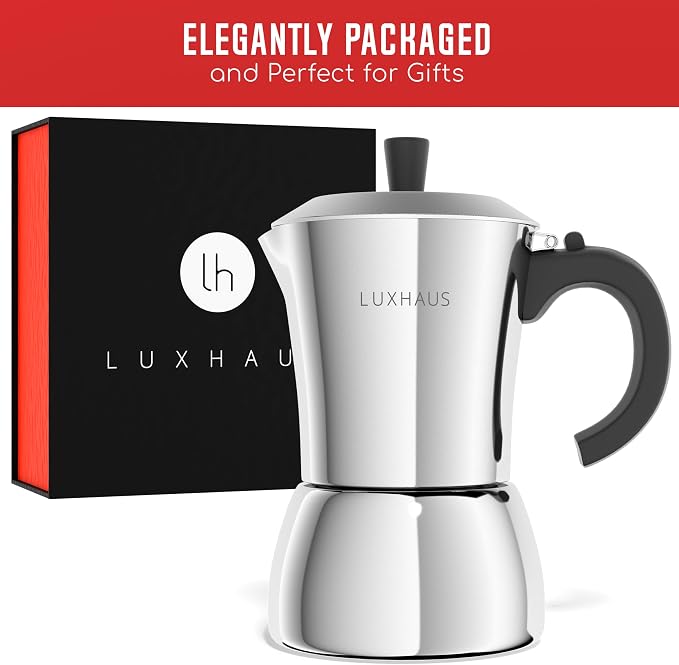 LuxHaus 3 Cup Moka Pot (2oz each cup - 6oz total) Stovetop Espresso Maker - Stainless Steel Italian and Cuban Mocha Coffee Maker - Image 8