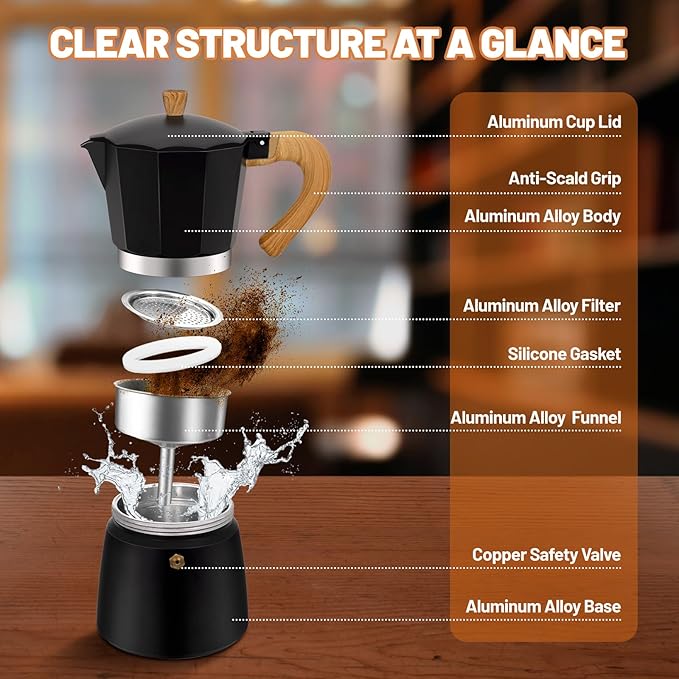 6 Cup Aluminum Espresso Stovetop Moka Pot Express Coffee Maker Percolator Italian Classic Mocha Coffee Machine for Italian and Cuban Cafe Brewing for Home & Camping 300ml 10oz - Image 3