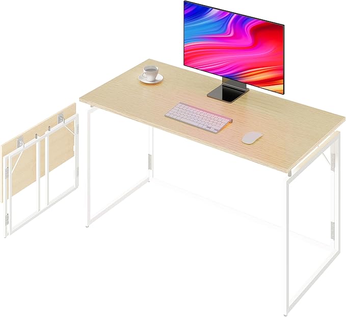 alawooder 31.5" Folding Desk: No Assembly, Wood Top for Small Spaces | Home office desk, holds 150 lbs, folds flat to 2.3 in, splash-proof wood top, sturdy metal frame by ALAWOODER