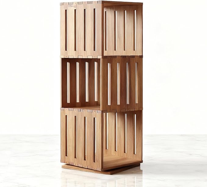 Wooden Rotating Bookshelf, 360°Spinning Deep-Bin Tower for Art Books&Large Formats, Solid Wood Revolving Bookcase, Floor Standing Storage Rack,Corner Organizer,Small Space,study,Office, 3-Tier - Image 9