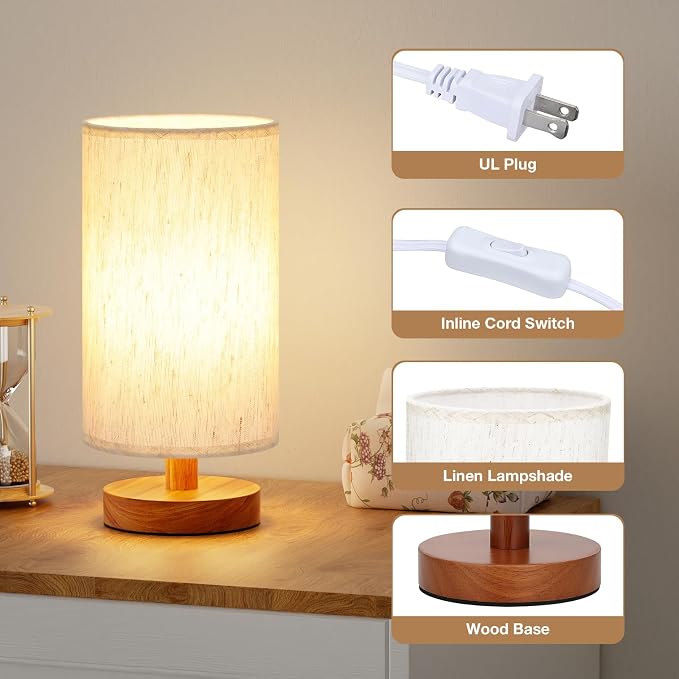 Fenmzee Small Table Lamps (Cream Shade - Walnut Base, 9" Inline Control) | 3000K LED Blub Included | 680 Lumens | Easy Assembly | Minimalist Design | E26 | for Kitchen | for Kids Room - Image 2
