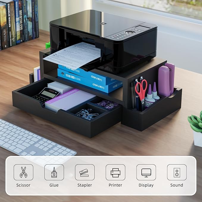 Simple Trending Wood Monitor Stand Riser with Drawer and Pen Holder, Desk Organizer for Home Office, Black - Image 5