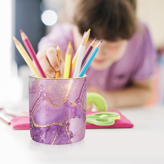 Pen Holder for Desk, Cute Ceramic Pencil Holder, Pen Cup Marker Holder Makeup Brush Holders, Desk Accessories & Workspace Organizers for Home, Office, Purple Marble - Image 7