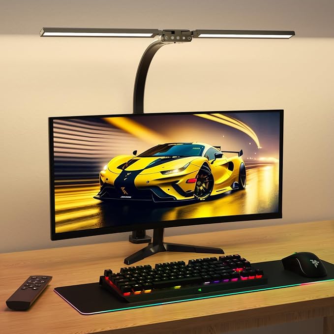SIBRILLE Upgraded Desk Lamp for Home Office - Dimmable Computer Desk Light with Remote, Modern Architect Task Lamp with Color Changing, Flexible Desktop Lamp with Gooseneck for Monitor, Double Head by SIBRILLE