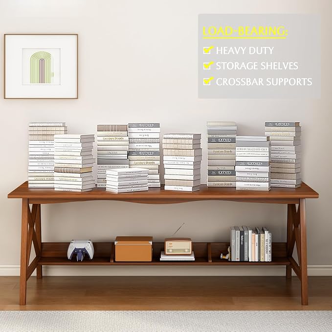 NELYE Extra Long Writing Desk with Bookshelf, 55" Wx20 Dx30 H, Oak | Wooden Home Office Work Study Table, Computer Gaming Workstation with Storage Shelf, Sturdy MDF Resists Wobble - Image 6