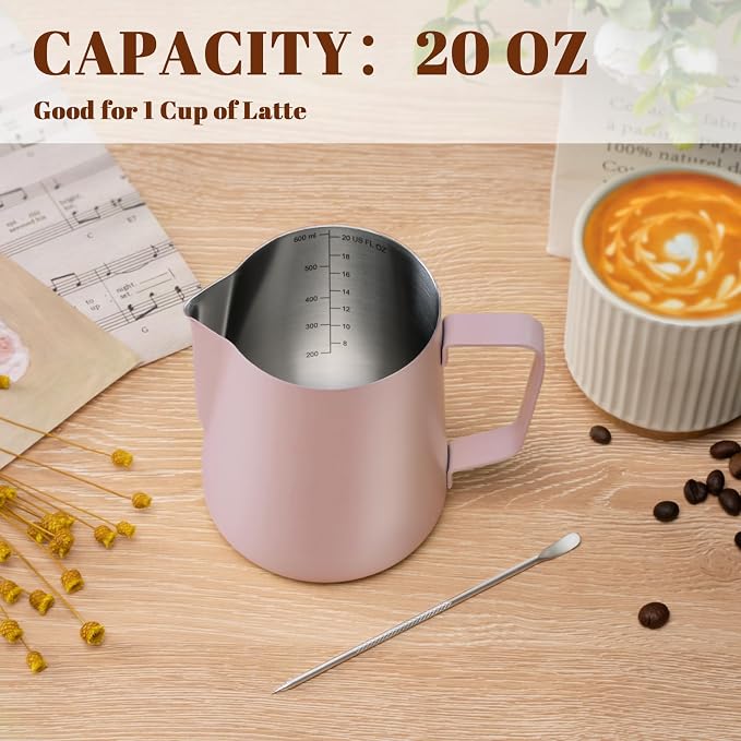 Amrules Milk Frothing Pitcher, 20 oz Milk Frother Cup with Clear Scale, 304 Stainless Steel Cappuccino Espresso Machine Accessories for Barista Coffee Bar with Latte Art Pen, Pink - Image 4