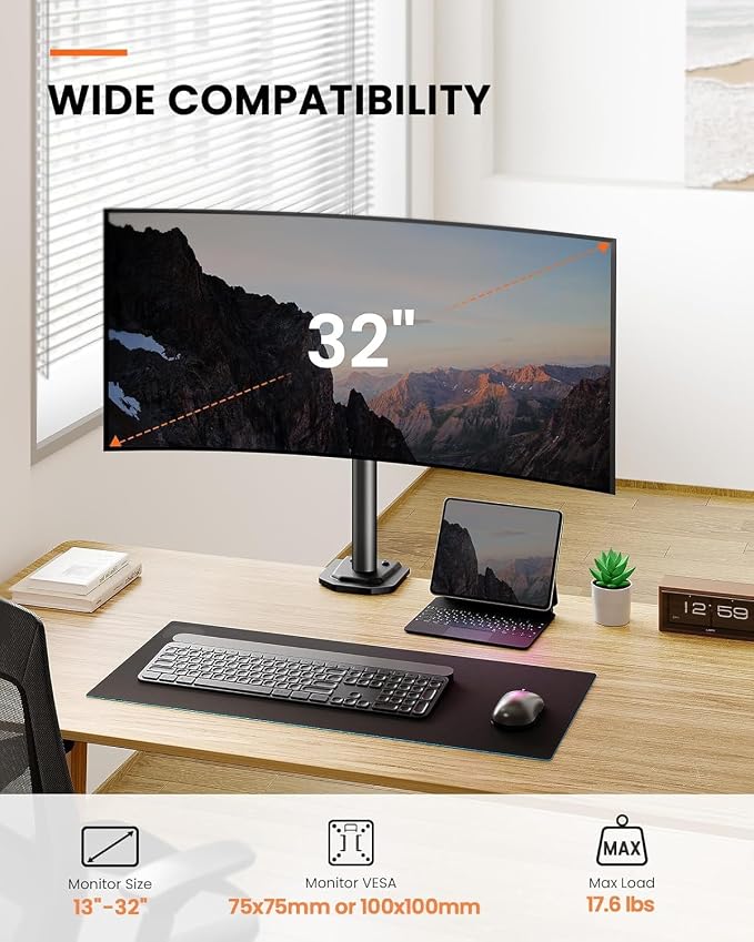 Ergear Single Monitor Mount for 13-32 Inch Screens,17.6 lbs Capacity | Steel pole design,tilt, swivel, rotation,cable clips,desk space saving, home office setup, VESA 75x75/100x100mm - Image 2