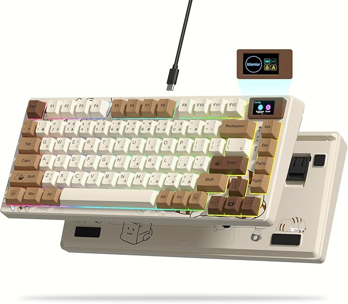 Womier SK80 Retro 75% Keyboard with Color Multimedia Display Mechanical Gaming Keyboard, Hot Swappable Gasket Mount RGB Custom Key Board, Pre-lubed Stabilizer for Mac/Win,Coffee Cat by Womier