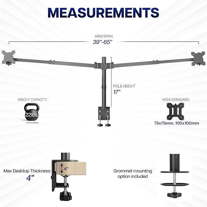 VIVO Premium Dual Ultra Wide LCD LED 40 to 45 inch Monitor Desk Mount, Heavy Duty, Adjustable Telescoping Arms, Flush Wall Setup, Fits 2 Screens, Black, STAND-TS45C - Image 4