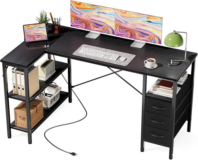 DUMOS L Shaped Desk with Drawers, Gaming Desk, 55 Inch | Power Outlet, Study Table, Adjustable Shelves, Home Office, Corner Computer Workstation, Bedroom, Black by DumosLifestyle
